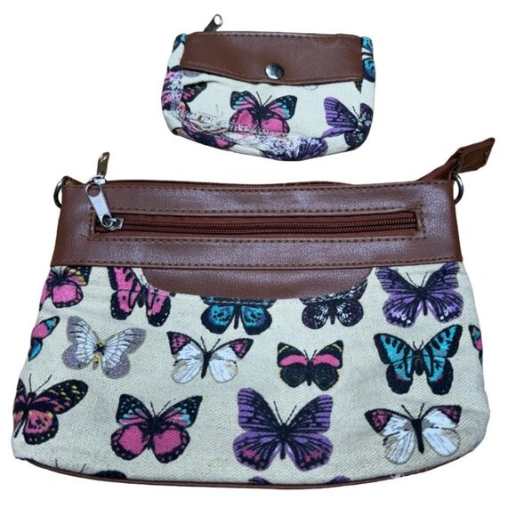 Butterfly Print Canvas & Faux Leather Crossbody & Coin Purse Set With Zippers & - Picture 2 of 6